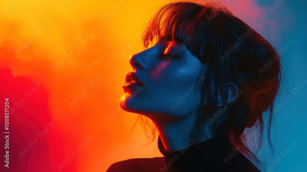Woman's Profile Lit by Vibrant Red and Blue Light Woman's Profile Lit by Vibrant Red and Blue Light
