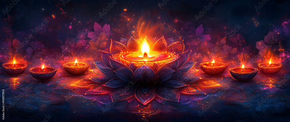 Intricate mandala design surrounded by decorative oil lamps and vibrant purple and orange hues, evoking a festive and celebratory atmosphere. Perfect for Diwali doodle border with blank space for... Intricate mandala design surrounded by decorative oil lamps and vibrant purple and orange hues, evoking a festive and celebratory atmosphere. Perfect for Diwali doodle border with blank space for...
