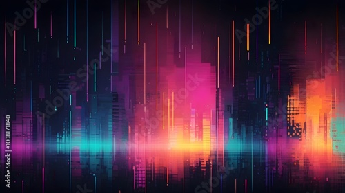 "Background with pixelated effect and glitch style in bright neon colors."