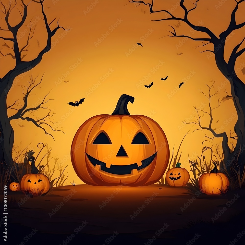 Spooky Halloween Pumpkin Lantern in Haunted Cartoon Forest Landscape Spooky Halloween Pumpkin Lantern in Haunted Cartoon Forest Landscape