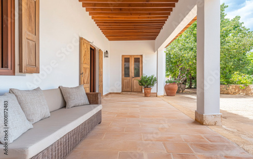 Cozy outdoor seating with stone tiles and wooden accents in a tranquil garden