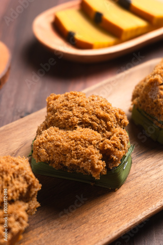 Bolu kukus gula merah (brown sugar steamed sponge cake). with copy space. perfect for recipe, article, catalogue, or any commercial purposes.