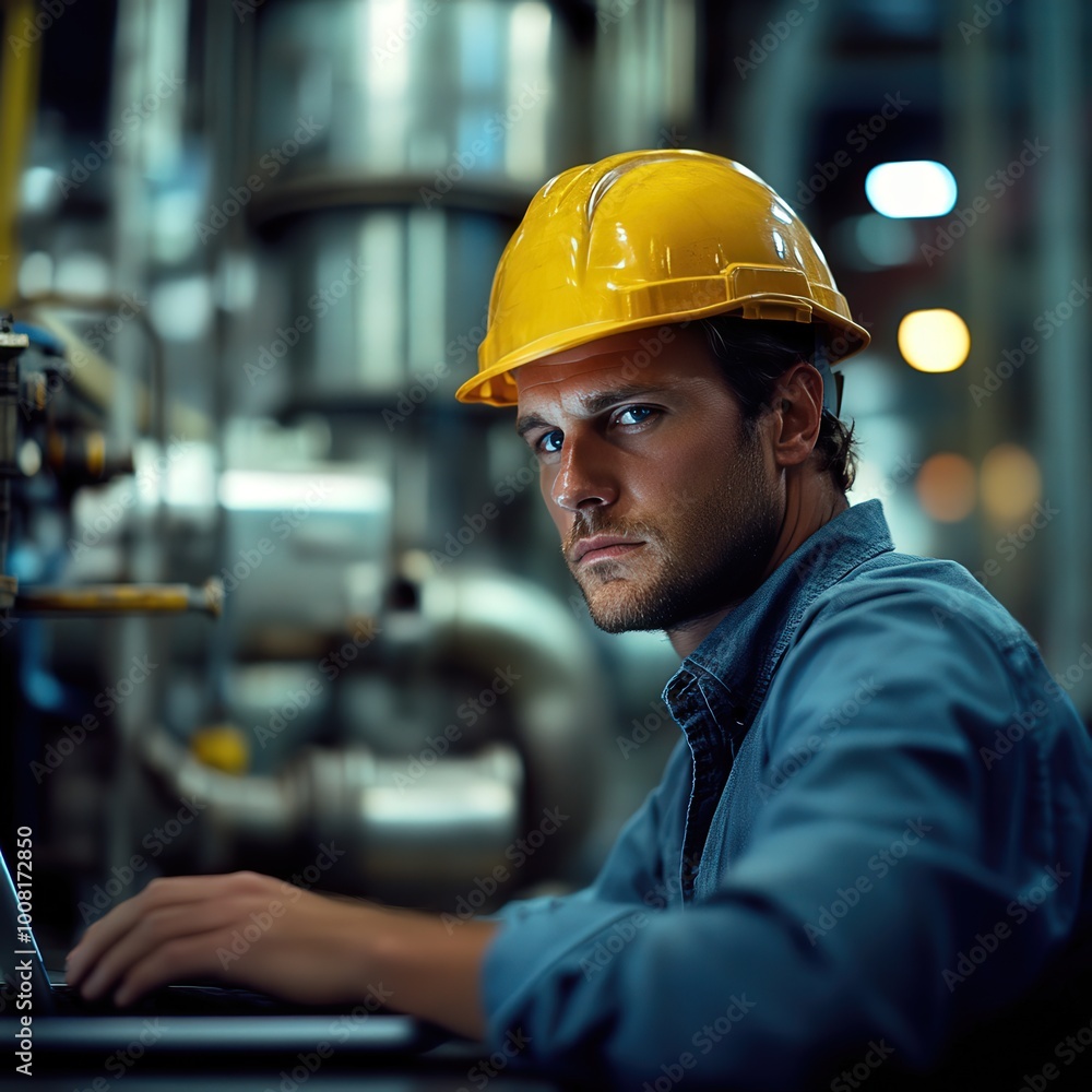 Engineer Monitoring Factory Equipment with Laptop, Industrial Setting Engineer Monitoring Factory Equipment with Laptop, Industrial Setting