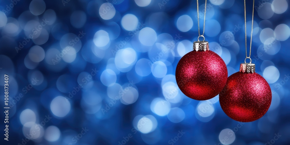 Sparkling red Christmas baubles blue bokeh background Sparkling red Christmas baubles blue bokeh background