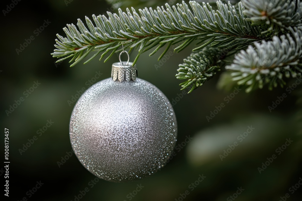 Sparkling silver Christmas bauble on fir branch Sparkling silver Christmas bauble on fir branch