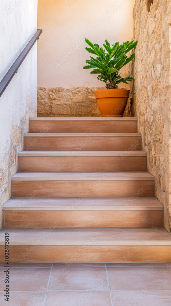 Elegant staircase with warm wooden steps and a potted plant in a sunlit corridor Elegant staircase with warm wooden steps and a potted plant in a sunlit corridor