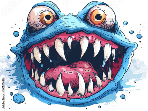 A cartoon monster with a big mouth and big eyes. The monster is blue and has a lot of teeth