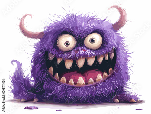 A purple monster with big teeth and a big smile. The monster is looking at the camera and he is happy