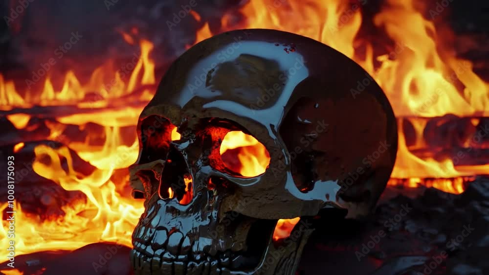 Close up of a dark, round object with a blue reflective surface, partially obscured by fiery orange flames.