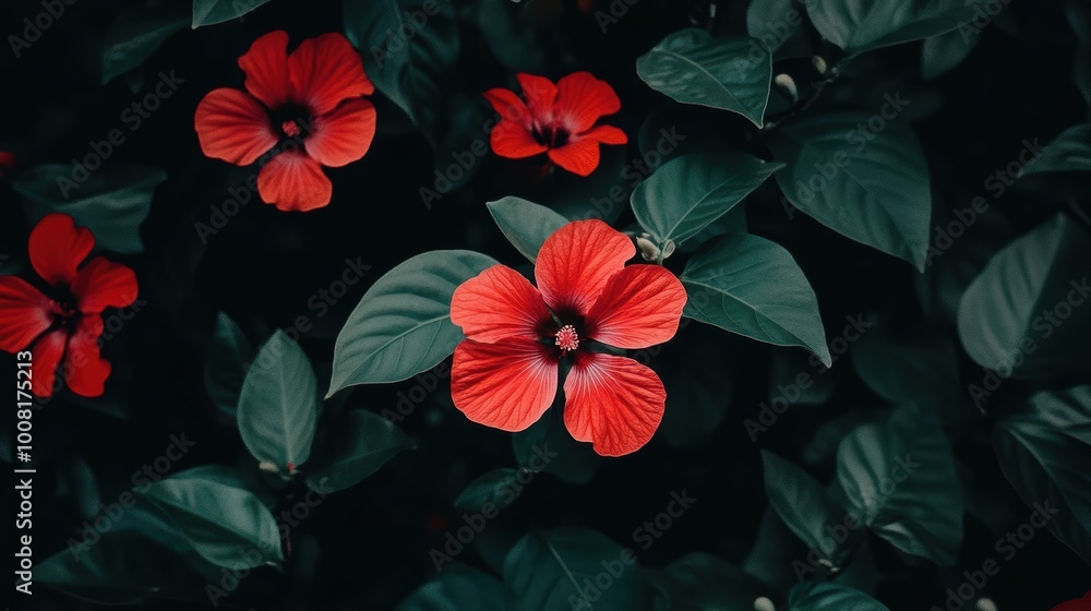 Vibrant red flowers with dark green foliage background Vibrant red flowers with dark green foliage background
