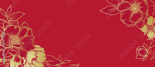 Luxury floral red background with golden Peony flowers in line art style. Floral pattern for Chinese New Year. Vector for card, banner, wedding invitation, cover, wallpaper, packaging, advertising    
