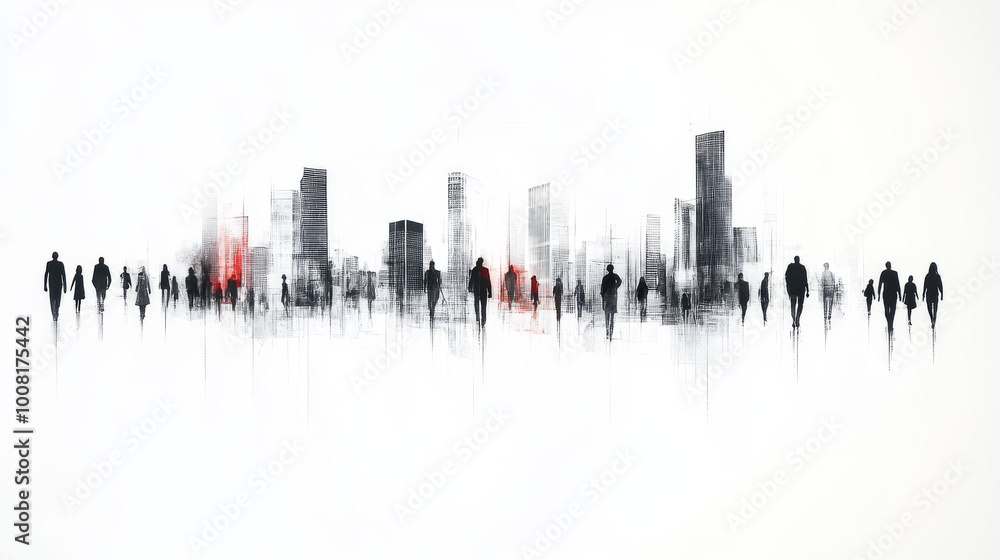 Naklejka premium Silhouettes of people walking in front of a city skyline.