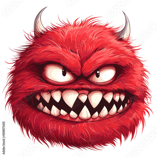 A red monster with horns and teeth is staring at the camera. The monster has a creepy and menacing look on its face, which makes it seem like it's ready to attack