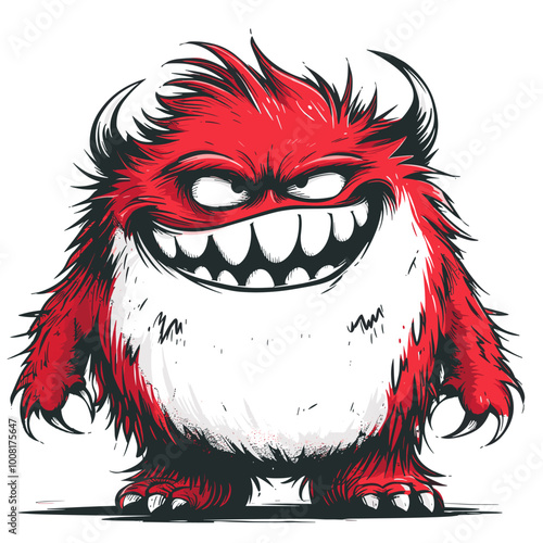 A red monster with horns and teeth is staring at the camera. The monster has a creepy and menacing look on its face, which makes it seem like it's ready to attack