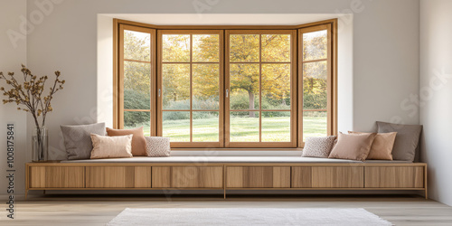 Cozy living room nook with large windows overlooking a serene autumn landscape