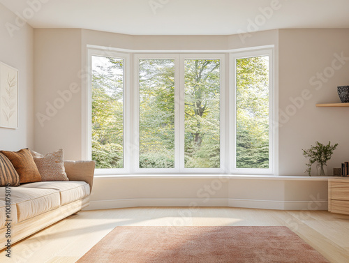 Cozy living room with bay windows overlooking green trees on a bright, sunny day