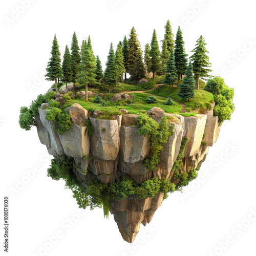 Floating Island Featuring Forest Grove, 3d Illustrated, Nature. Isolated on a Transparent Background. Cutout PNG.