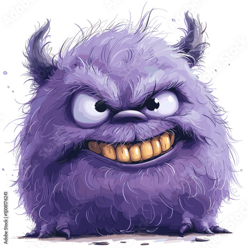 A cartoon monster with big horns and a big mouth is standing on a white background. The monster has a happy expression and is smiling