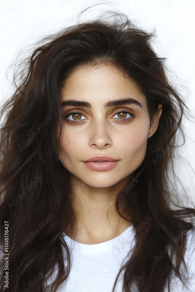 Radiant young woman with long brown hair captivating eyes Radiant young woman with long brown hair captivating eyes