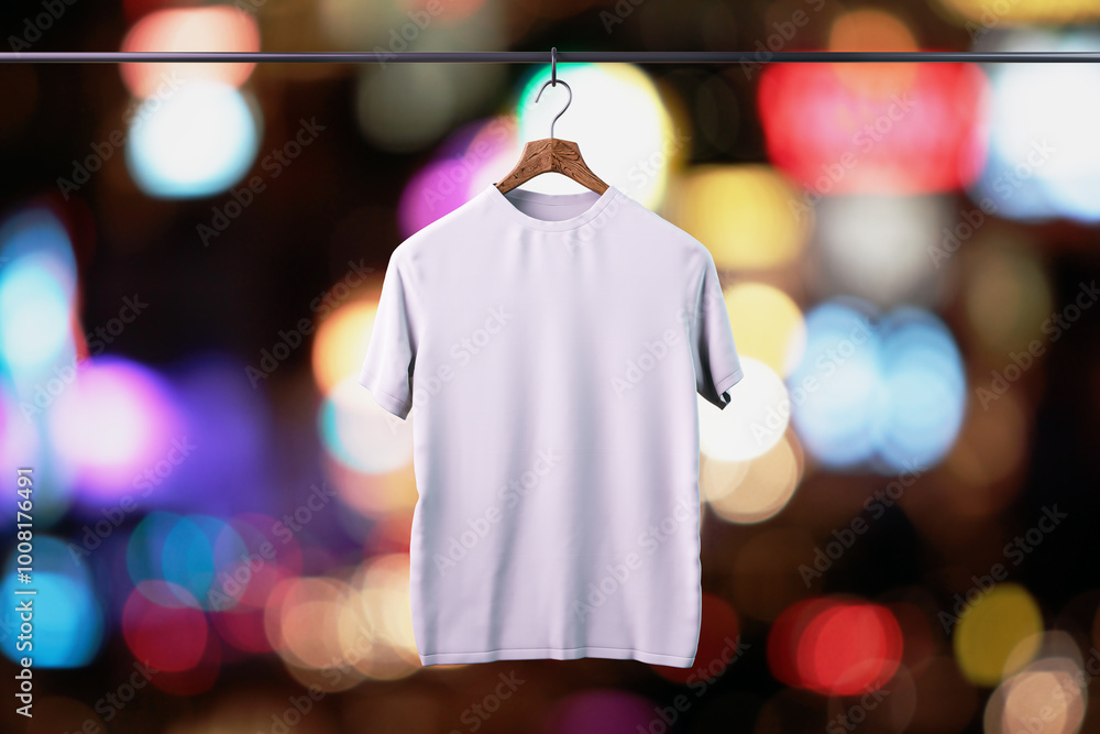 Empty white t-shirt hanging on blurry light bokeh background. Mock up place. Fashion and showroom concept. 3D Rendering.