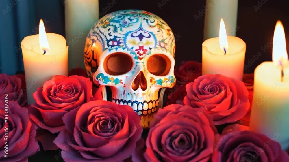 Sugar Skull with Burning Candles and Roses. Sugar Skull with Burning Candles and Roses.