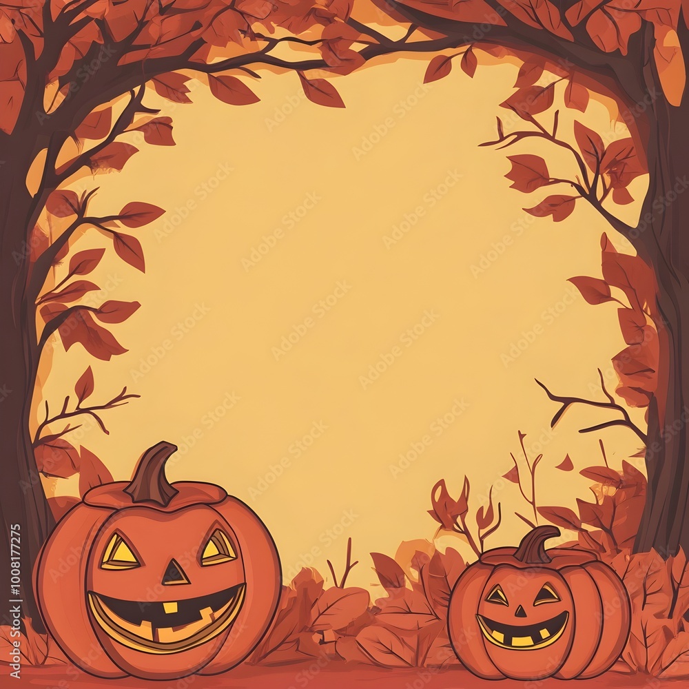 Enchanting Halloween Cartoon Background with Pumpkins Autumn Leaves and a Mystical Frame Enchanting Halloween Cartoon Background with Pumpkins Autumn Leaves and a Mystical Frame