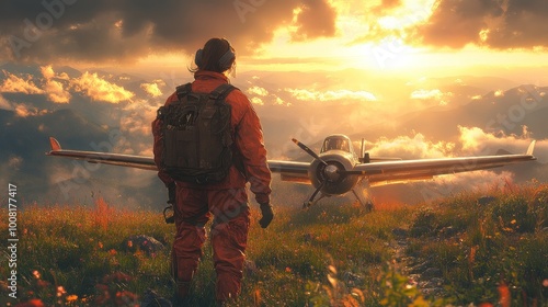 A person in an orange suit stands near a small airplane at sunset.