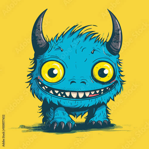 A cartoon monster with big eyes and a big smile. The monster is blue and yellow. The monster is happy and smiling