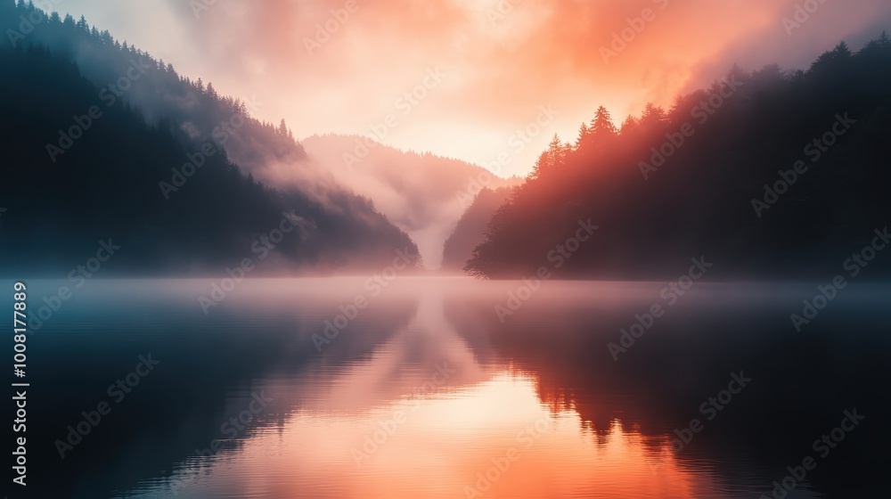 Serene lake sunrise with misty backdrop Serene lake sunrise with misty backdrop