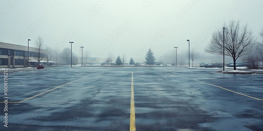 empty parking lot during the snowy winter season empty parking lot during the snowy winter season