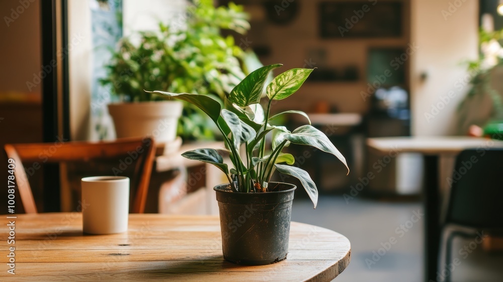 Indoor greenery: potted plant on wooden table in cozy cafe Indoor greenery: potted plant on wooden table in cozy cafe