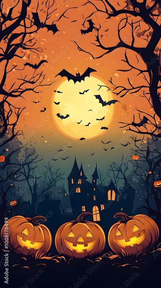 Haunted Castle and Jack o Lanterns Amid Spooky Halloween Night Landscape Haunted Castle and Jack o Lanterns Amid Spooky Halloween Night Landscape