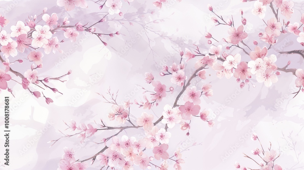 Obraz premium Cherry blossom branches in soft pink tones on a light background