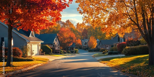 idyllic rural neighborhood with houses in the colorful autumn