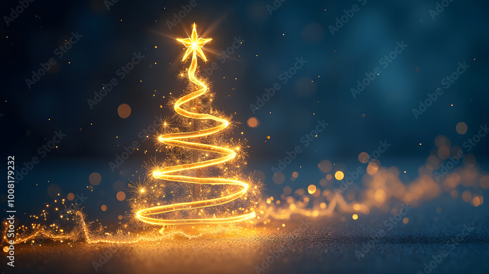 Golden Christmas Tree In Abstract Night Golden Christmas Tree In Abstract Night