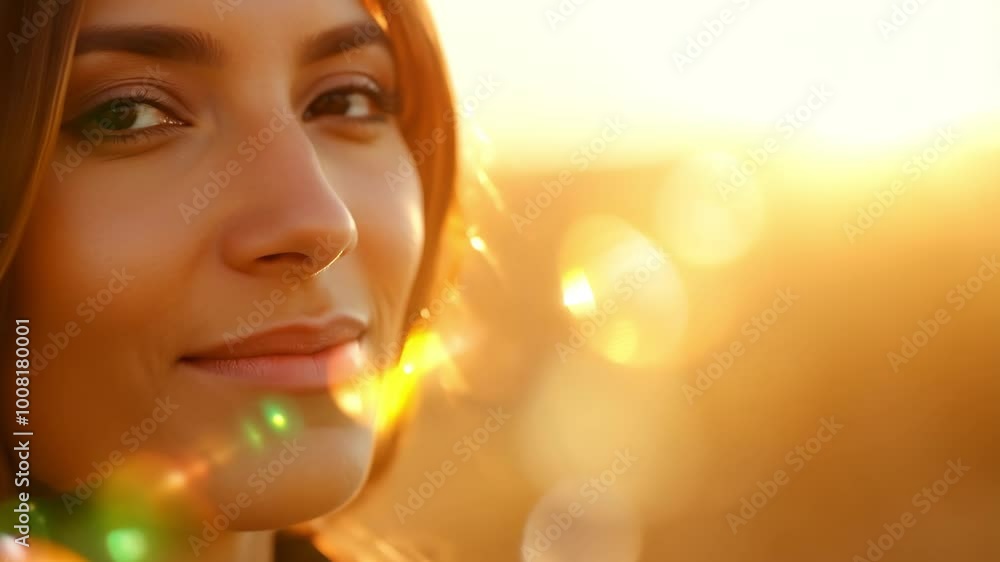 Serene woman at sunset with warm light and bokeh background Serene woman at sunset with warm light and bokeh background