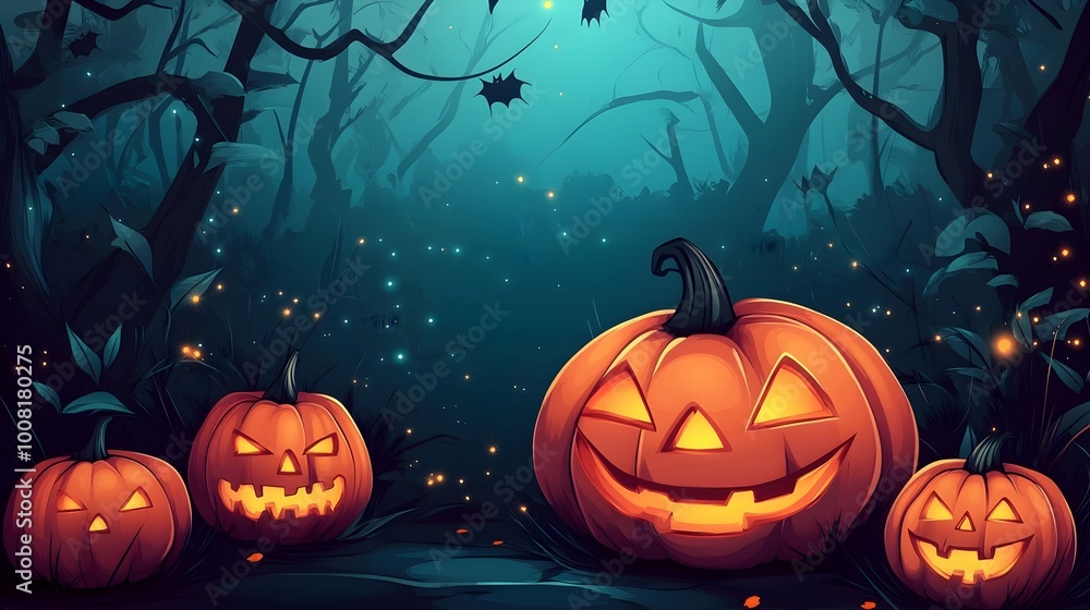 Fototapeta premium Eerie Autumn Forest with Glowing Pumpkin Lanterns Spooky Halloween Cartoon Background