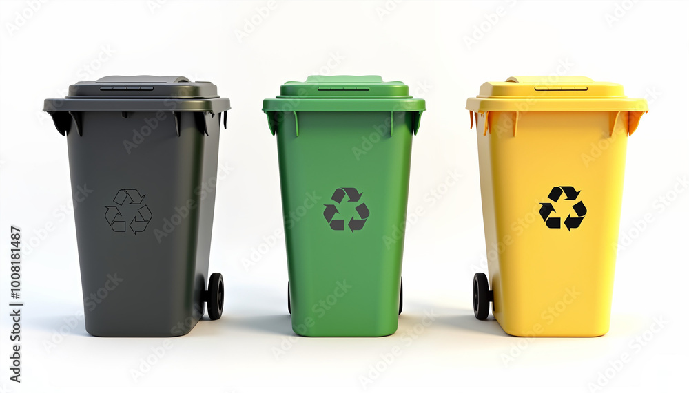 Three recycling bins in different colors Three recycling bins in different colors