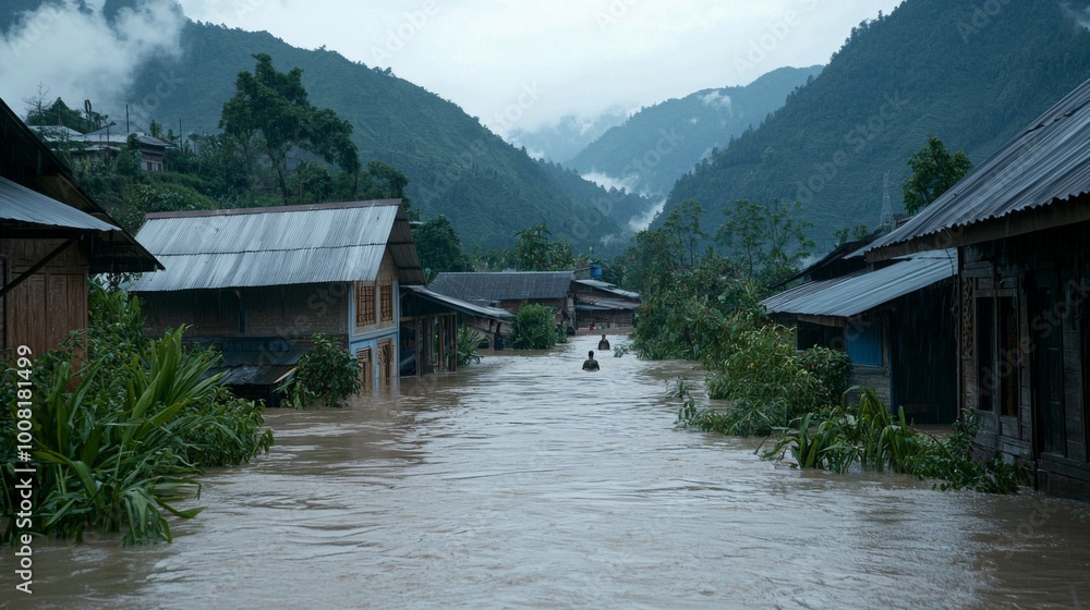 Fototapeta premium Flooding in Mountainous Village After Heavy Rainfall