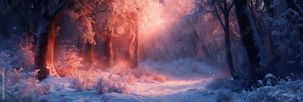 Naklejka premium snowy winter forest at sunset