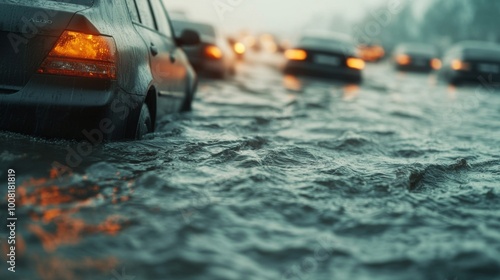 Vehicles Stranded on Highway Amid Rising Floodwaters