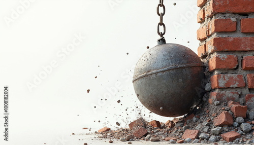 Wrecking ball whit chains is smashing into a brick wall isolated on white background