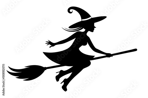 Witch Riding Broom | vector silhouette illustration on white background