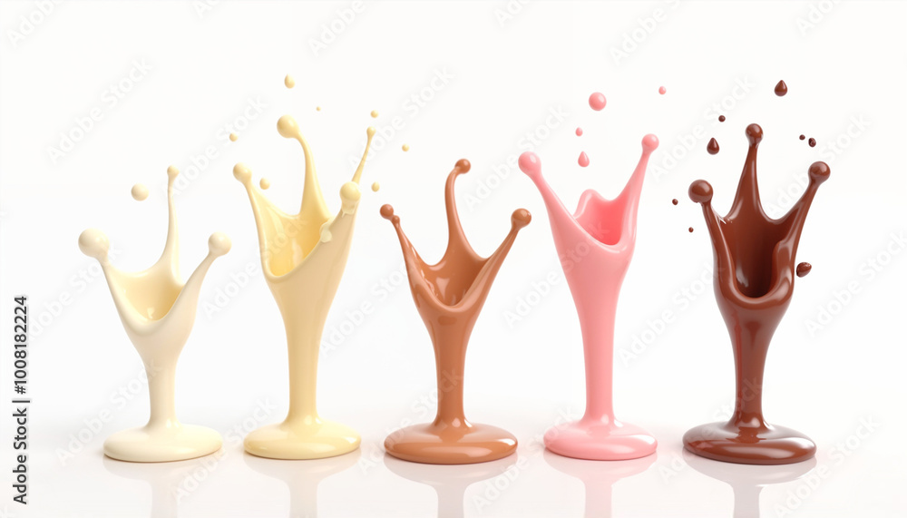Fototapeta premium Dripping milk collection in different flavours vanilla, chocolate and strawberry