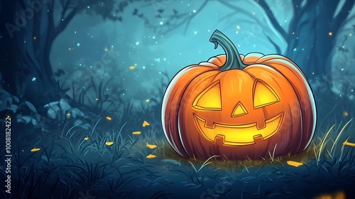 Glowing Pumpkin Jack o Lantern in Spooky Cartoon Forest Landscape