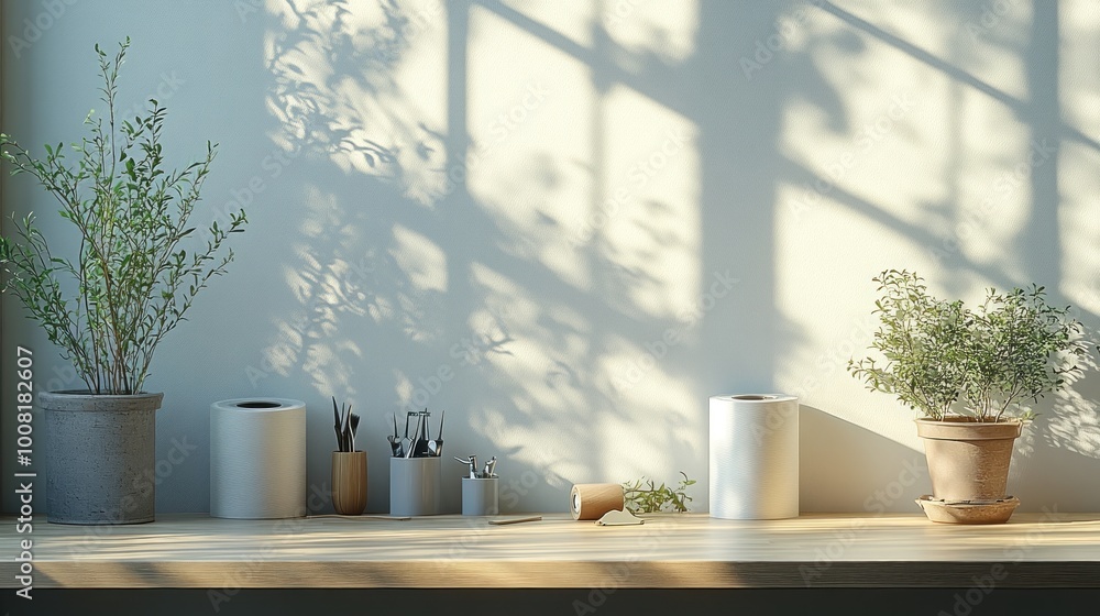 A serene workspace with plants and stationery in natural light. A serene workspace with plants and stationery in natural light.