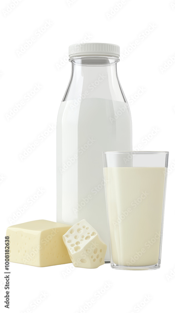 Fresh milk and cheese create wholesome dairy scene isolated on a white background, transparent background. Fresh milk and cheese create wholesome dairy scene isolated on a white background, transparent background.