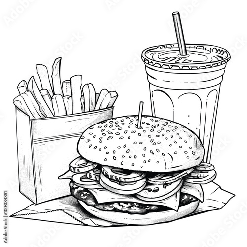 Vibrant Coloring Book Juicy Burger Crispy Fries and Refreshing Soft Drinks A Tasty Delight, Junk food icons set, A burger, fries, and a soda all placed side by side. coloring page for kids.