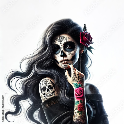 Portrait of Catrina skull face in red and gray colors isolated on white background for day of the dead concept