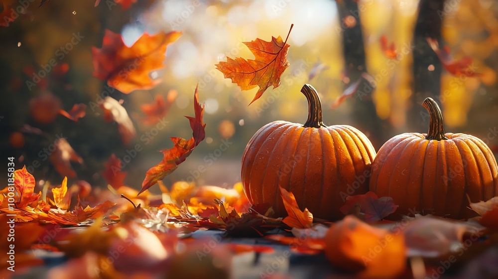 Bright Autumnal Scene with Pumpkins on Fall Leaves, Glowing Sunlight, Seasonal Halloween Decoration, Nature Background Bright Autumnal Scene with Pumpkins on Fall Leaves, Glowing Sunlight, Seasonal Halloween Decoration, Nature Background